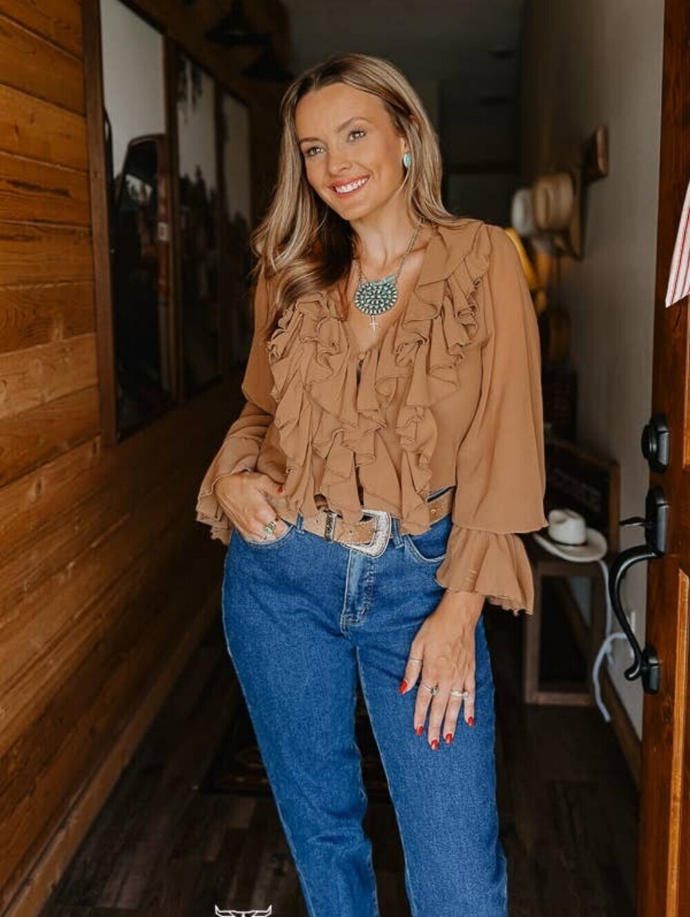 NEW Brown Pleated Ruffle Vintage Style Western Top
